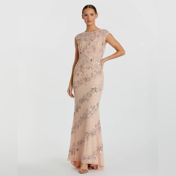 MAC DUGGAL Pink Embellished Bateau Neck Cap Sleeve Floral Beaded Trumpet Gown 2 - Picture 4 of 15